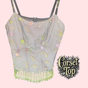 Y2K TOP Sleeveless/CORSET Whimsy FAIRYCORE ILLUSION Mesh FABRIC BEADS FLORAL